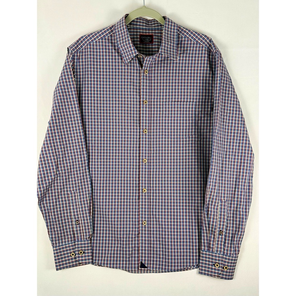 UNTUCKit Mens Large Slim Fit Cotton Plaid Shirt Blue Red Wrinkle Free Untucked